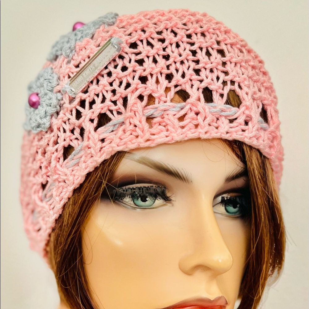 Hand Knits 2 Love Cotton Cap Hat Beanie Flower Beads Adjustable Fit Designer